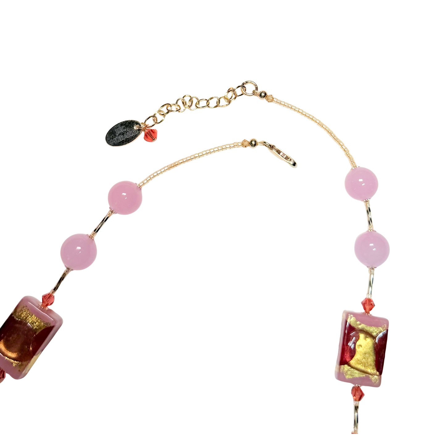 Pink Raspberry Rectangle Murano Glass Gold Necklace