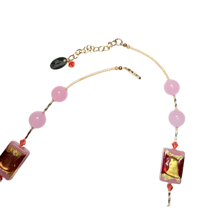 Pink Raspberry Rectangle Murano Glass Gold Necklace