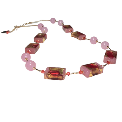 Pink Raspberry Rectangle Murano Glass Gold Necklace
