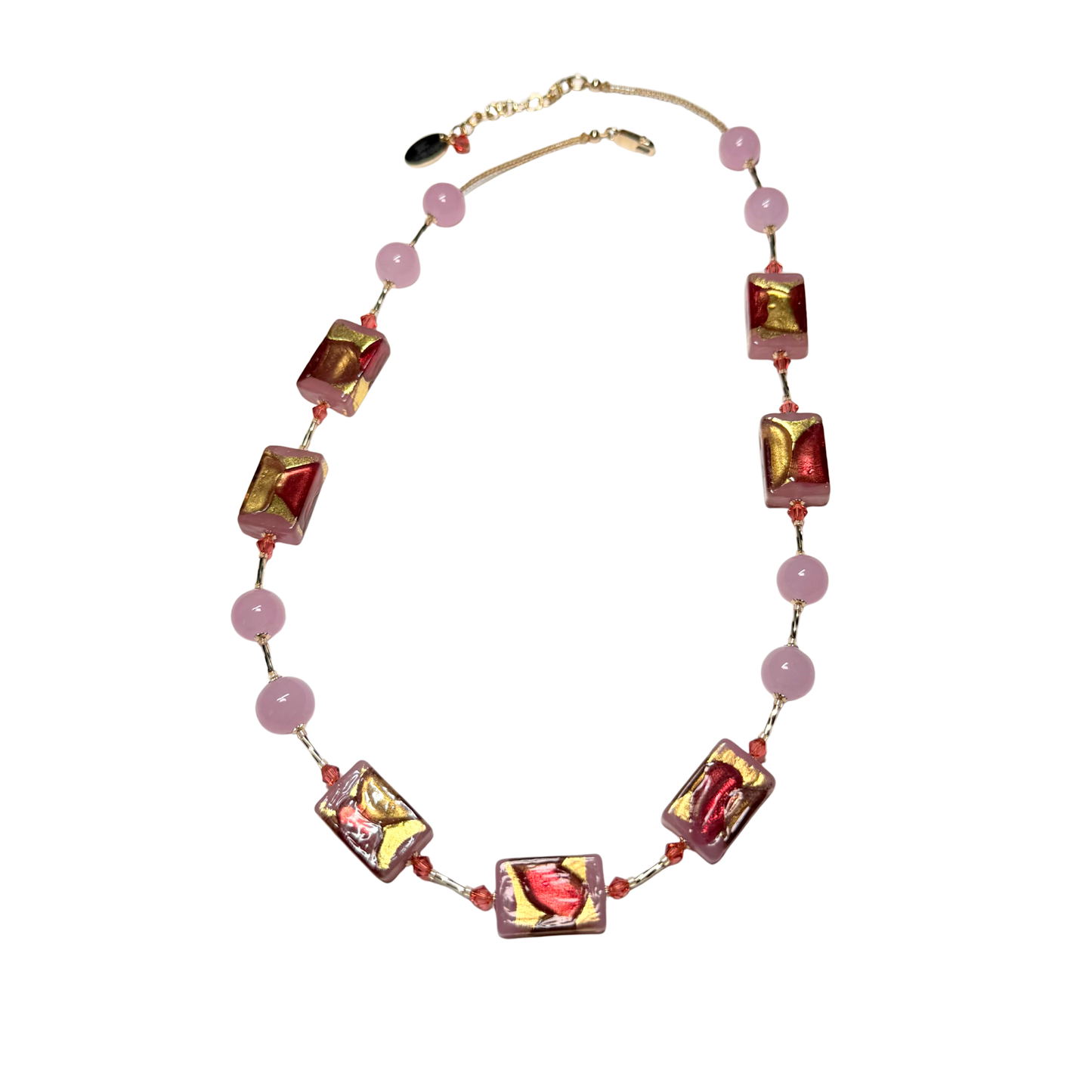 Pink Raspberry Rectangle Murano Glass Gold Necklace
