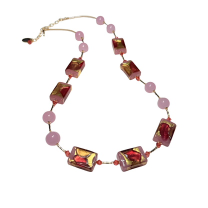 Pink Raspberry Rectangle Murano Glass Gold Necklace