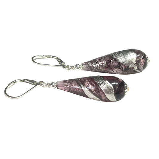 Murano Glass Purple Drop Sterling Silver Earrings