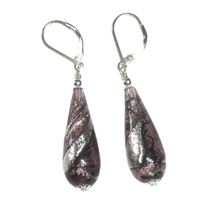 Murano Glass Purple Drop Sterling Silver Earrings