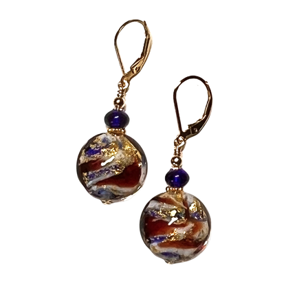Murano Glass Red Blue Gold Foil Lentil Bead Gold Earrings