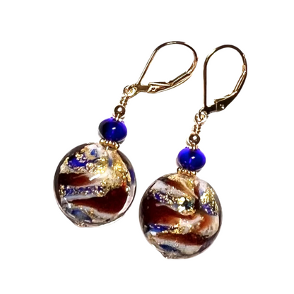 Murano Glass Red Blue Gold Foil Lentil Bead Gold Earrings