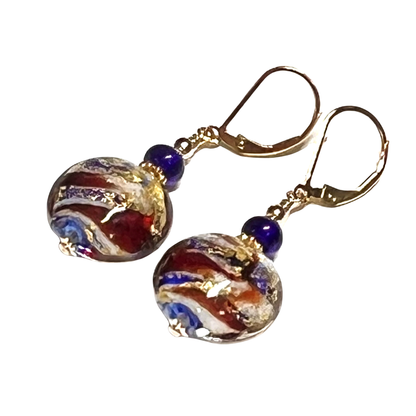Murano Glass Red Blue Gold Foil Lentil Bead Gold Earrings