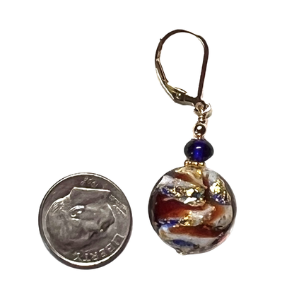 Murano Glass Red Blue Gold Foil Lentil Bead Gold Earrings