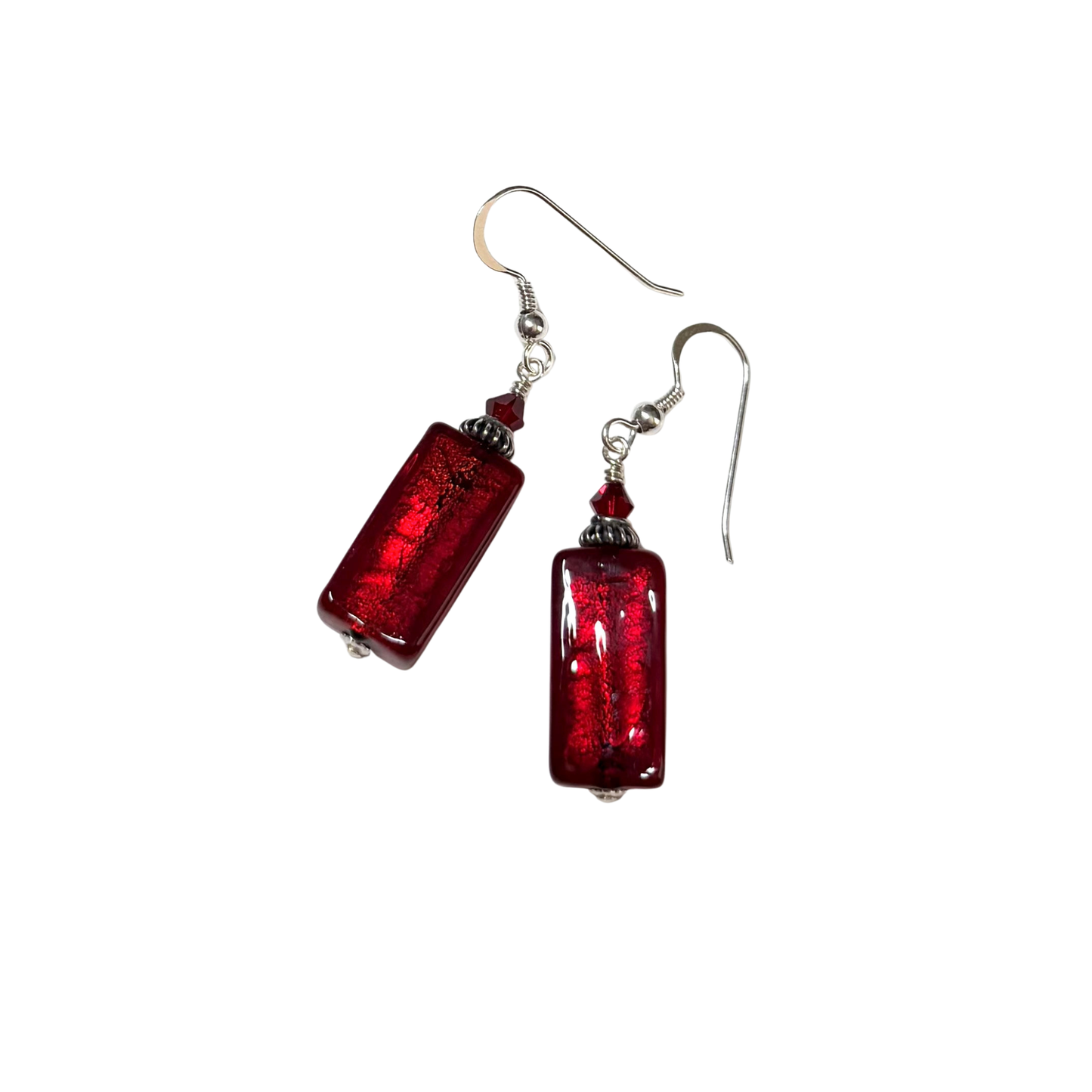 Red Murano Glass Rectangle Swarovski® Crystal Sterling Silver Earrings