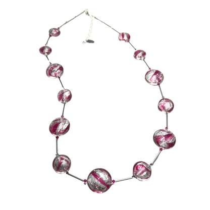 Murano Glass Pink Ruby Swirl Long Silver Necklace