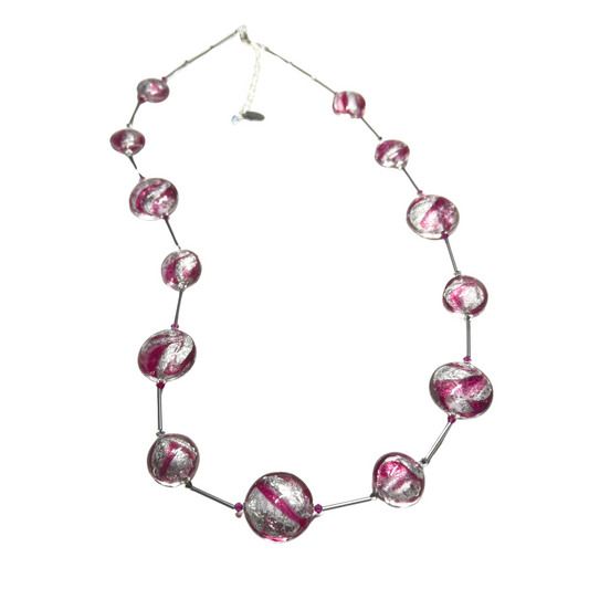 Murano Glass Pink Ruby Swirl Long Silver Necklace