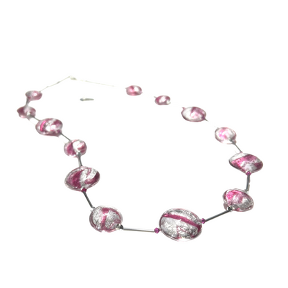 Murano Glass Pink Ruby Swirl Long Silver Necklace