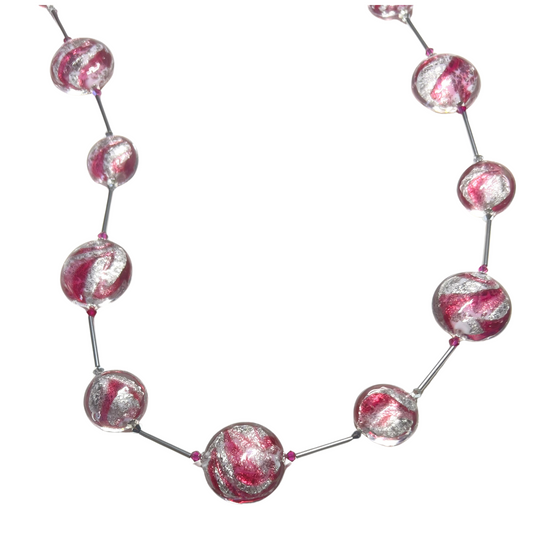 Murano Glass Pink Ruby Swirl Long Silver Necklace