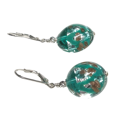 Murano Glass Sea Foam Green Splash Disc Sterling Silver Earrings