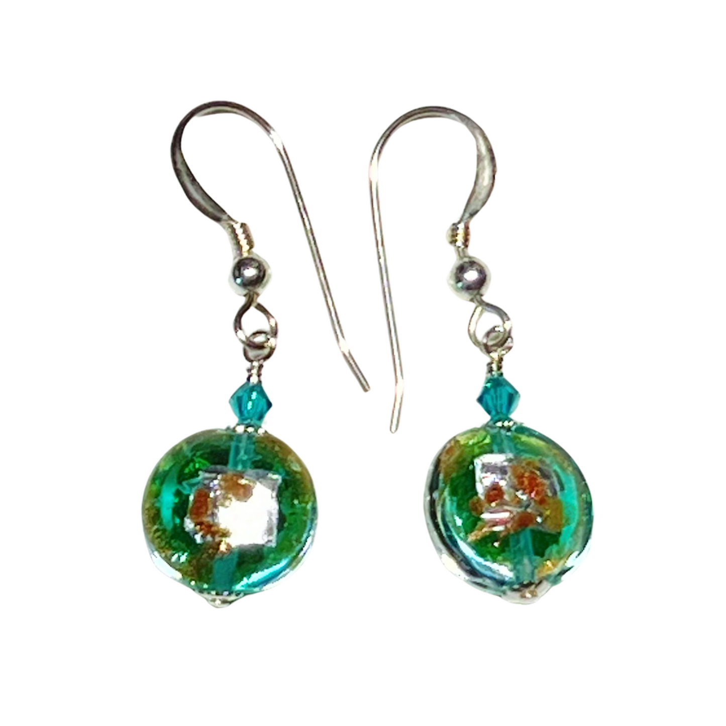 Murano Glass Sea Green Small Lentil Silver Earrings