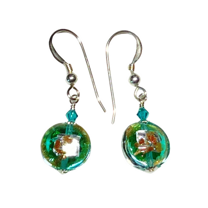 Murano Glass Sea Green Small Lentil Silver Earrings