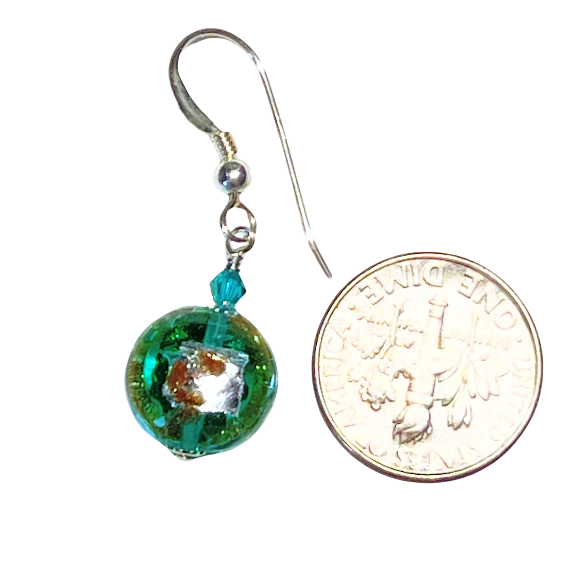 Green beaded earring next to a U.S. dime for size comparison on a white background