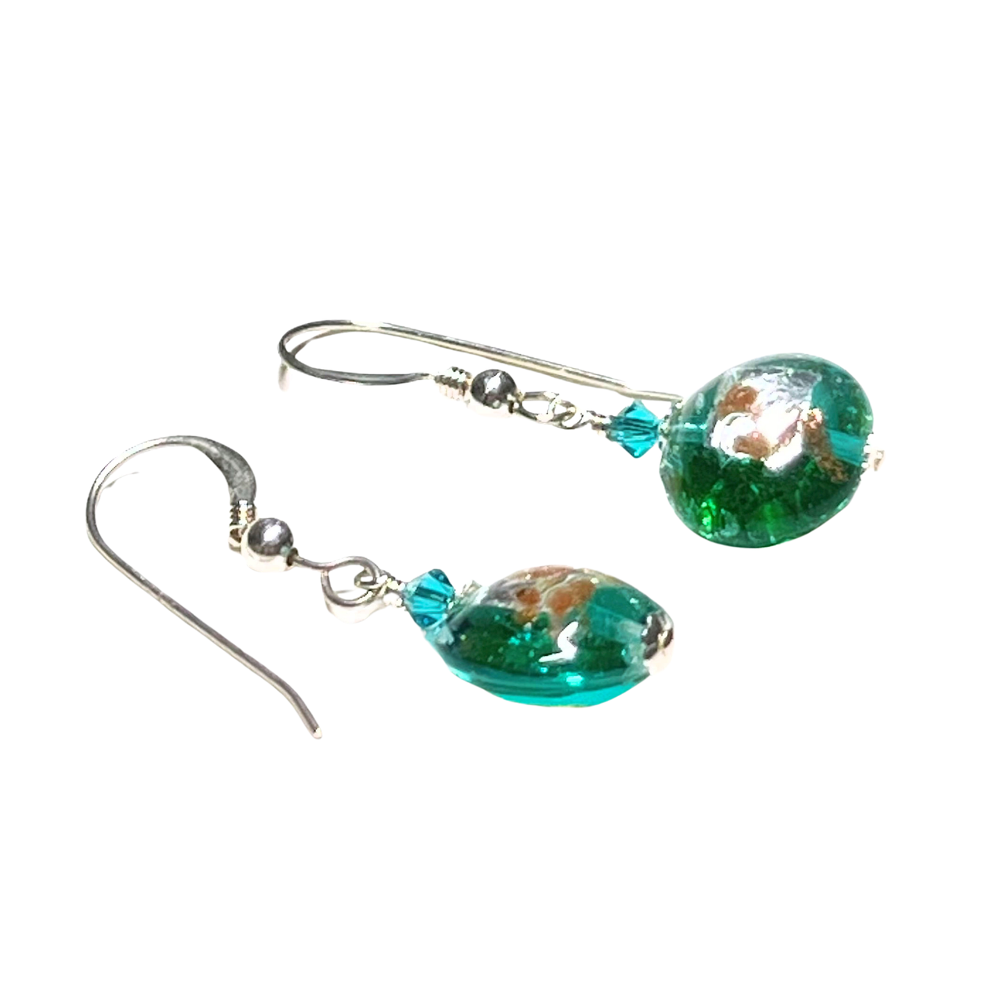 Murano Glass Sea Green Small Lentil Silver Earrings