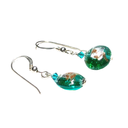 Murano Glass Sea Green Small Lentil Silver Earrings