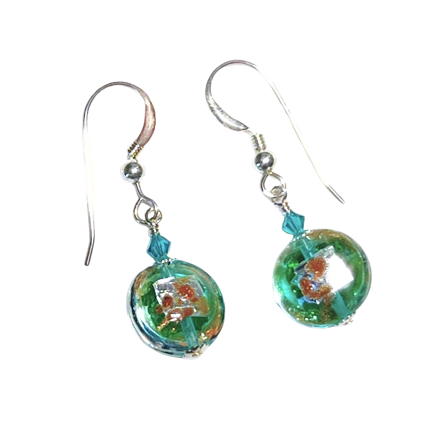 Murano Glass Sea Green Small Lentil Silver Earrings