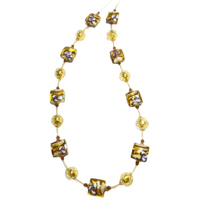Murano Glass Italian Brown Square Flower Gold Necklace