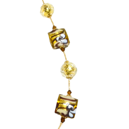 Murano Glass Italian Brown Square Flower Gold Necklace