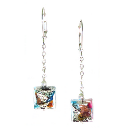 Murano Square Drop Chain Silver Earrings