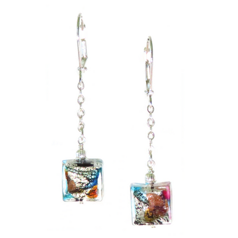 Murano Square Drop Chain Silver Earrings