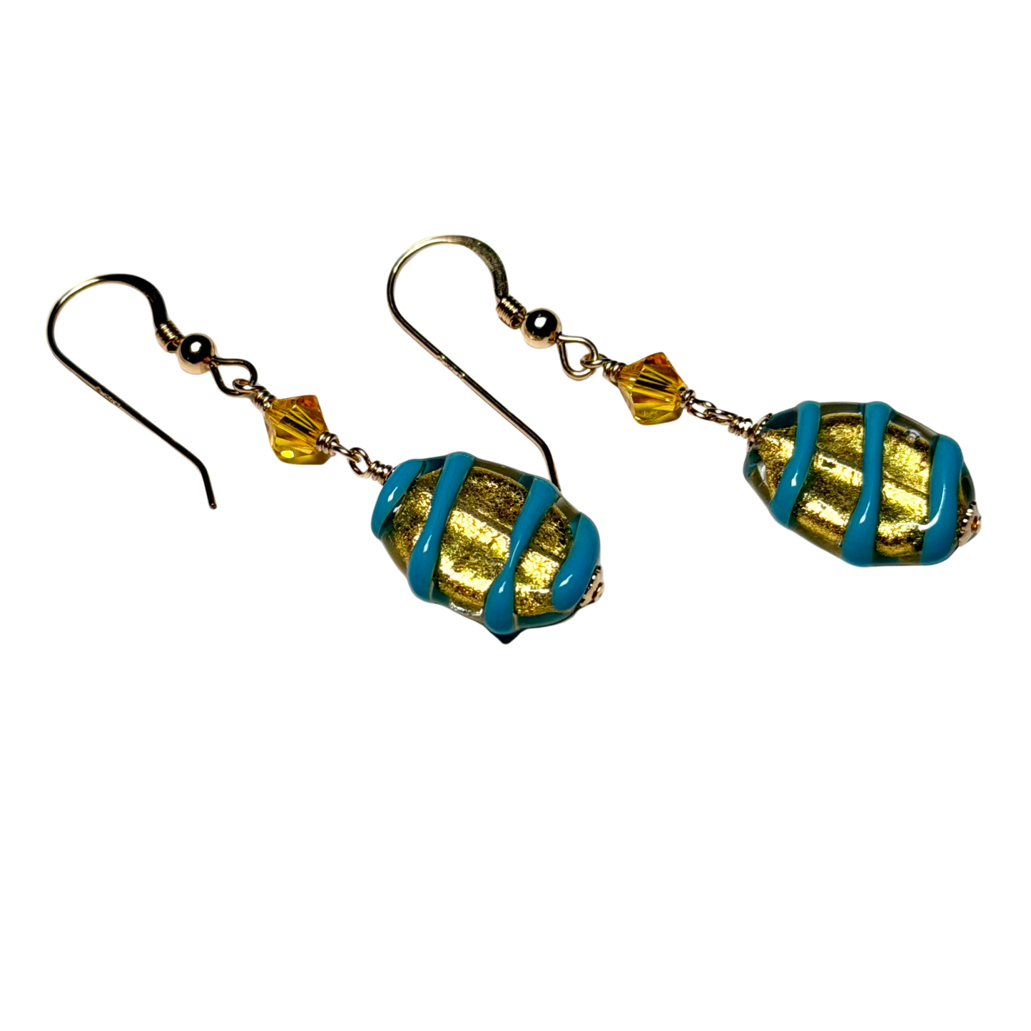 Murano Glass Turquoise Spiral Oval Gold Earrings