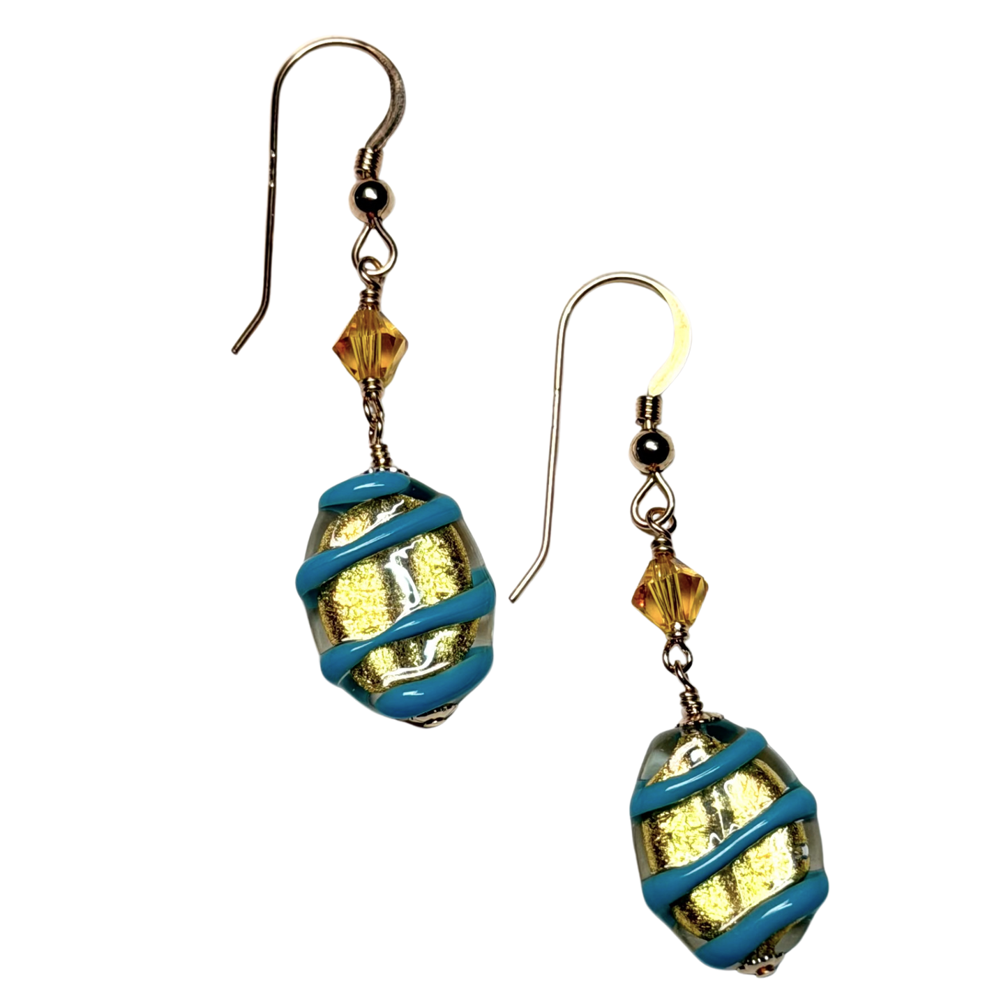 Murano Glass Turquoise Spiral Oval Gold Earrings
