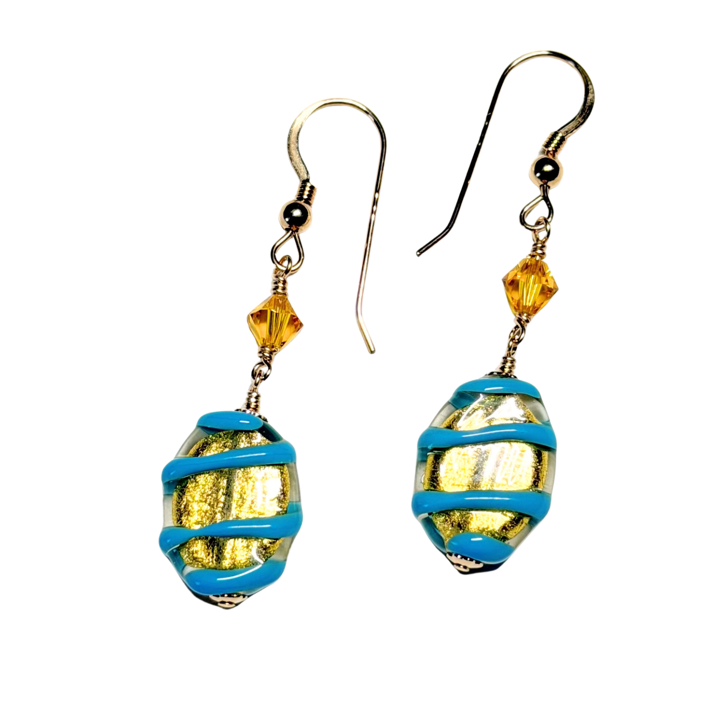 Murano Glass Turquoise Spiral Oval Gold Earrings