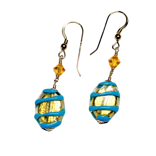 Murano Glass Turquoise Spiral Oval Gold Earrings