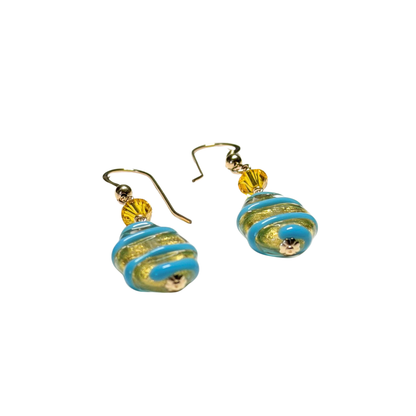 Murano Glass Turquoise Spiral Oval Gold Earrings