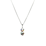 a silver necklace with a multicolored bead hanging from it