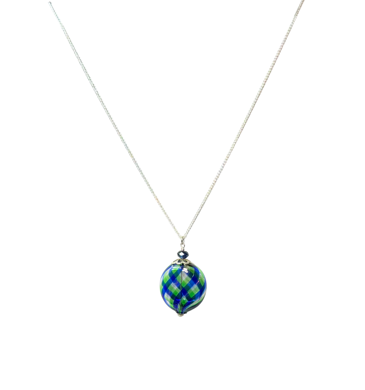 Murano Blue Green Argyle Blown Glass Pendant Necklace