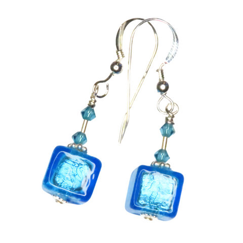 Murano Glass Aqua Cube Silver Earrings