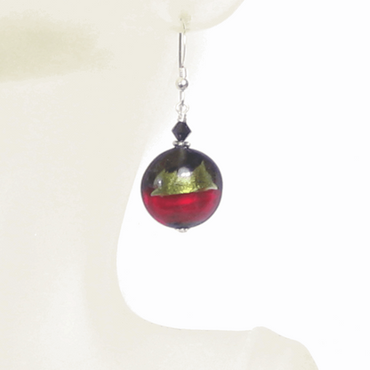 Italian Murano Glass Olive Green Red Black Silver Earrings - JKC Murano