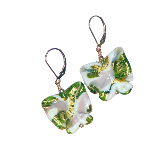 Murano Glass Green Purple Butterfly Gold Earrings