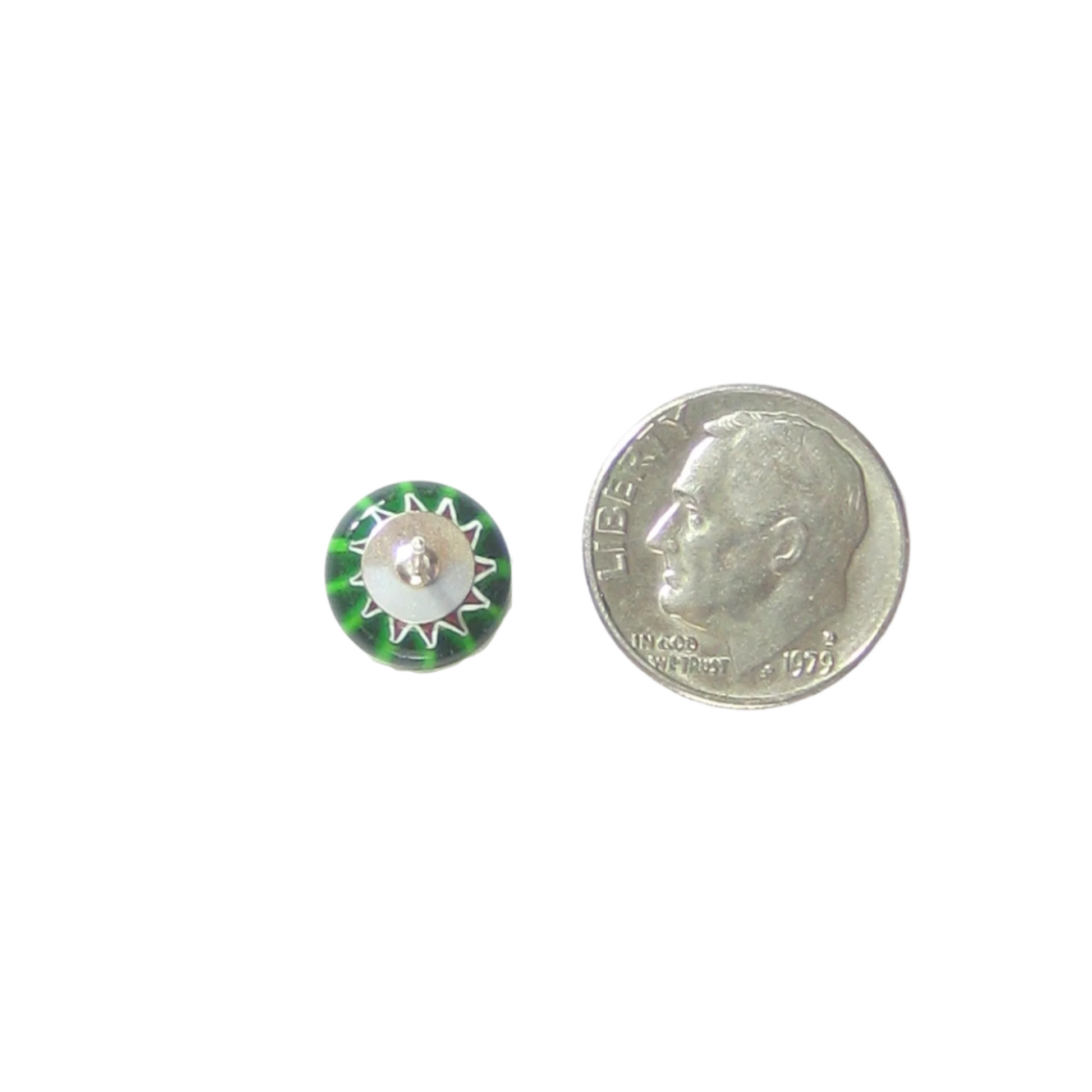 Small round green and silver button next to a quarter for size comparison on a white background