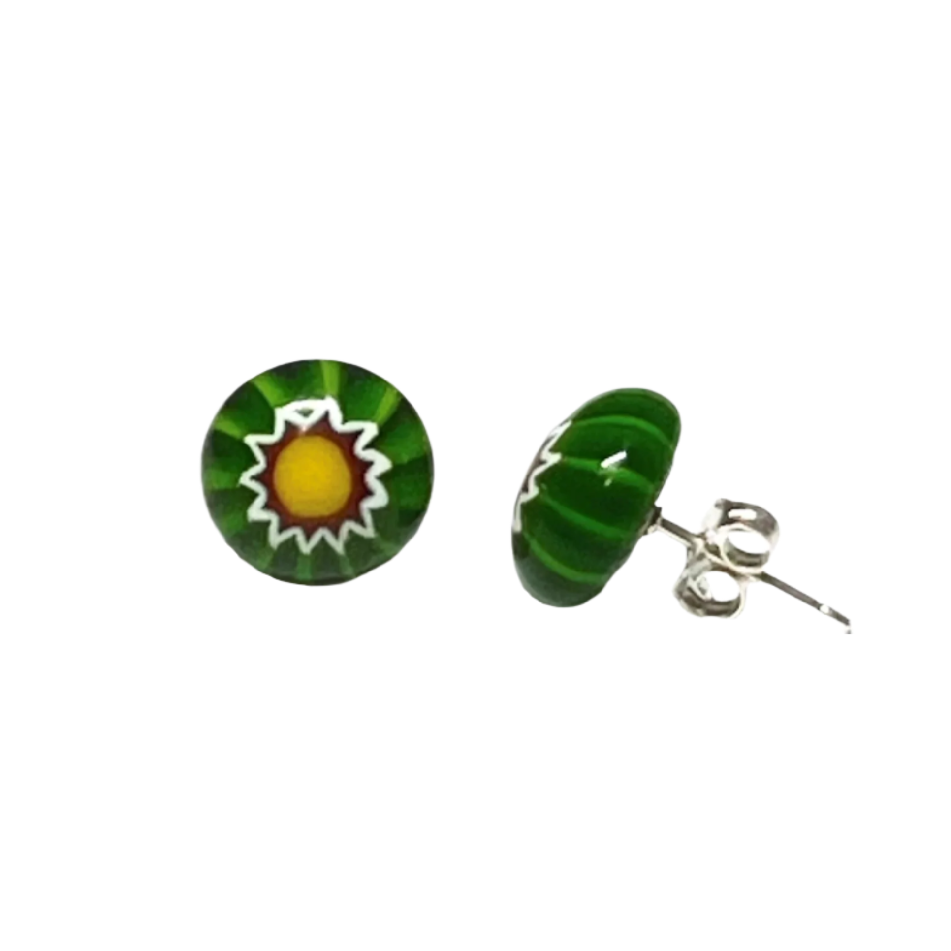 Green floral stud earrings on a white background