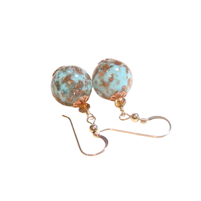 Italian Murano Glass Turquoise Copper Gold Earrings