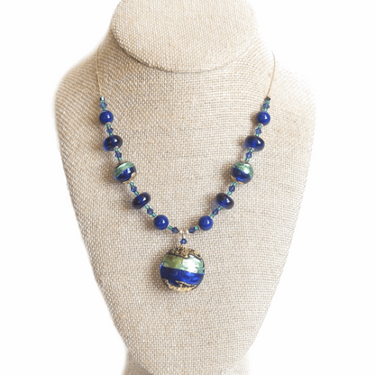 Murano Glass Aqua Cobalt Blue Disc Pendant Gold Necklace - JKC Murano