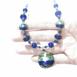Murano Glass Aqua Cobalt Blue Disc Pendant Gold Necklace - JKC Murano