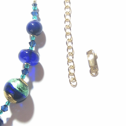 Murano Glass Aqua Cobalt Blue Disc Pendant Gold Necklace - JKC Murano