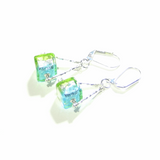 Murano Glass Aqua Lime Green Cube Trapeze Sterling Silver Earrings - JKC Murano