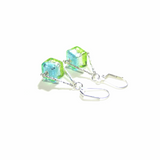 Murano Glass Aqua Lime Green Cube Trapeze Sterling Silver Earrings - JKC Murano