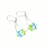 Murano Glass Aqua Lime Green Cube Trapeze Sterling Silver Earrings - JKC Murano