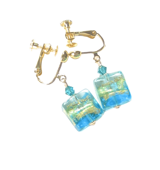 Murano Glass Aqua Square Gold Earrings, Clip-Ons - JKC Murano