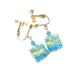 Murano Glass Aqua Square Gold Earrings, Clip-Ons - JKC Murano