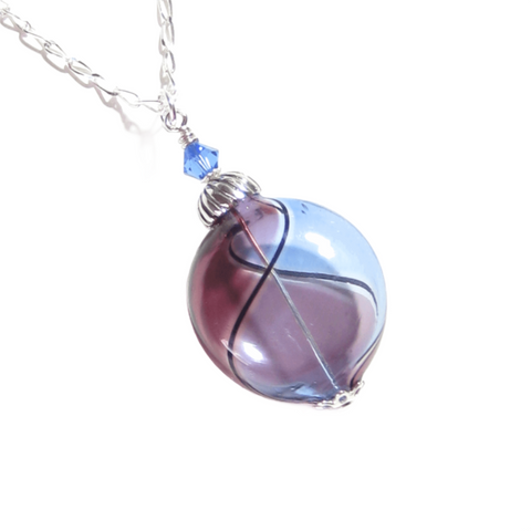 Murano Blown Glass Blue Purple Argyle Disc Silver Pendant - JKC Murano