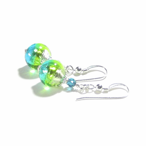 Murano Glass Aqua Green Crystal Silver Earrings - JKC Murano